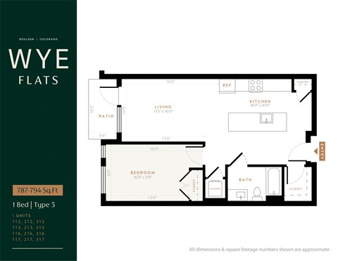 Floor plan for 1 bed, 1 bath, 789 sqft